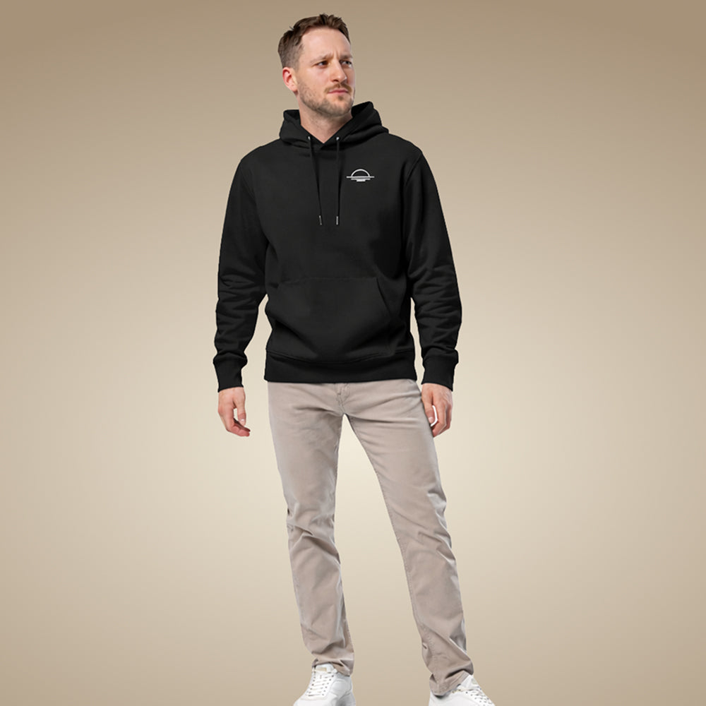 Black men’s organic cotton hoodie with simple, timeless fit