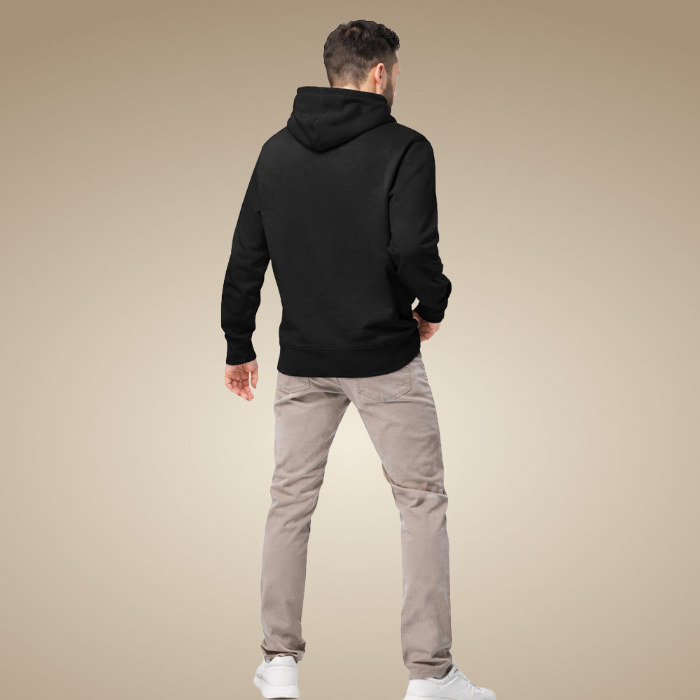 Minimal men’s organic cotton hoodie jumper in black, made to order