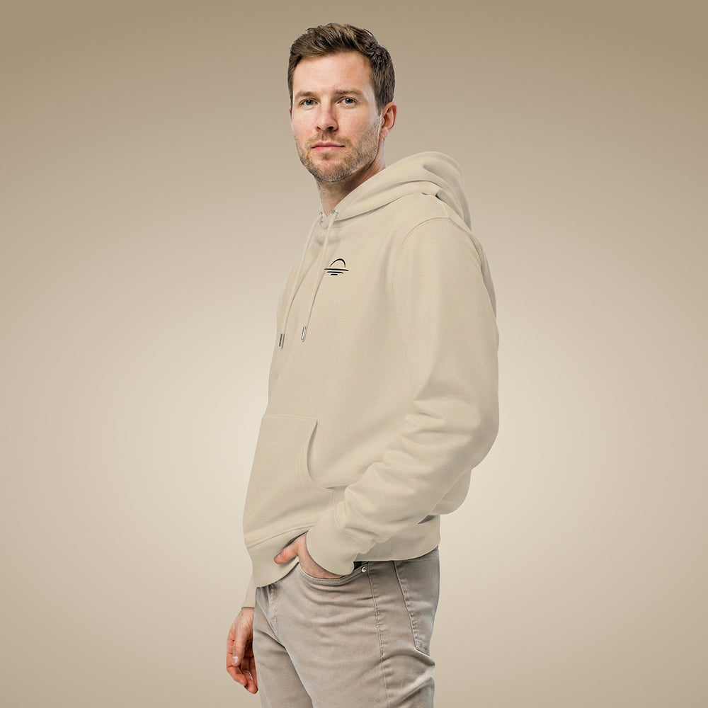 Men’s organic cotton hoodie jumper in desert dust beige with minimal chest logo