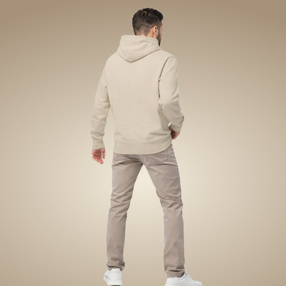 Minimal men’s organic cotton hoodie jumper in desert dust, made to order