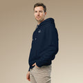 Men’s organic cotton hoodie jumper in french navy with minimal chest logo