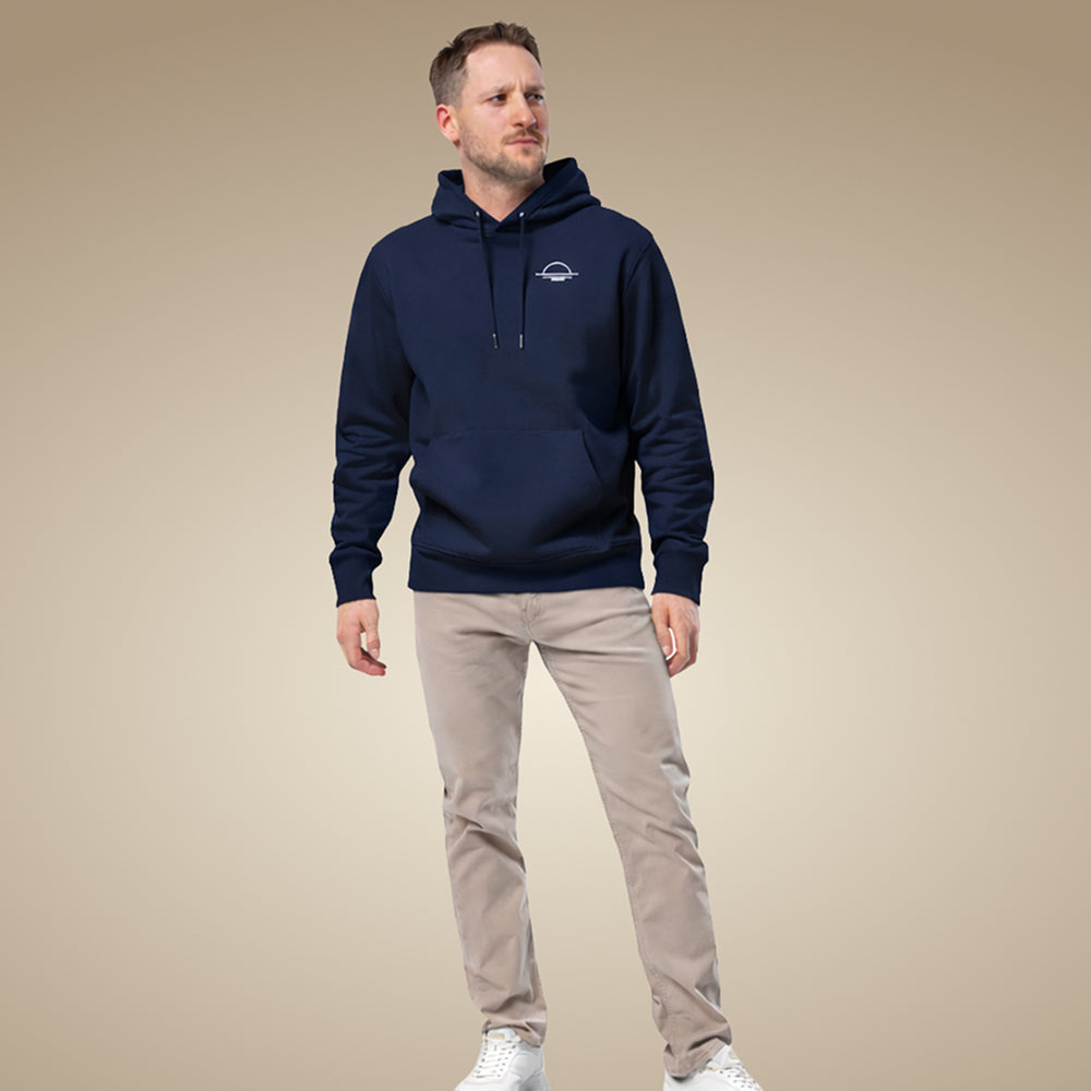 French navy men’s organic cotton hoodie showing relaxed everyday fit