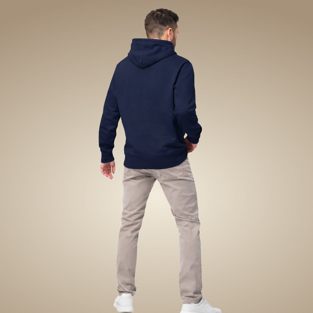 Minimal men’s organic cotton hoodie jumper in french navy, made to order