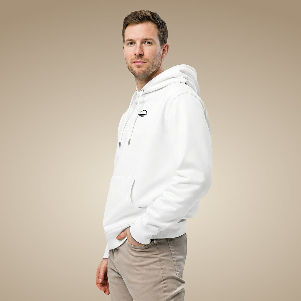 Men’s organic cotton hoodie jumper in white with minimal chest logo