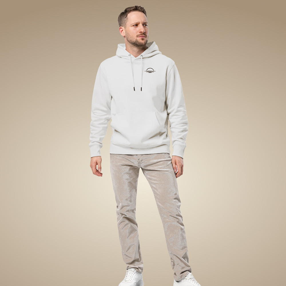 White men’s organic cotton hoodie with clean, understated design