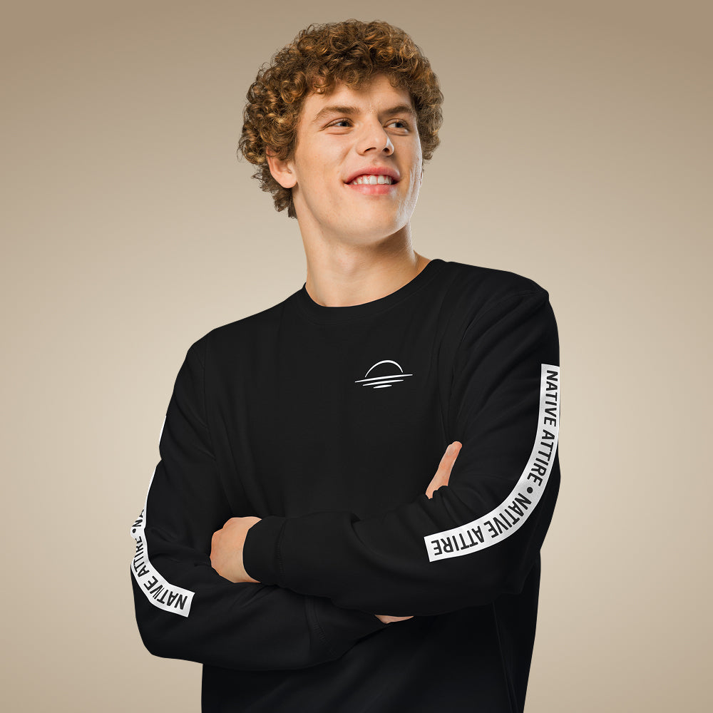 Men’s organic cotton sweatshirt jumper in black with arm print and chest logo