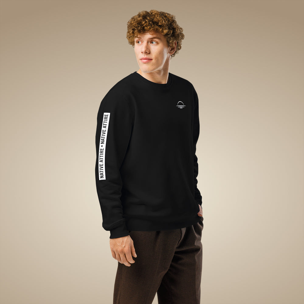 Black men’s organic cotton sweatshirt showing sleeve arm print detail