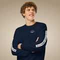 Men’s organic cotton sweatshirt jumper in french navy with arm print and chest logo