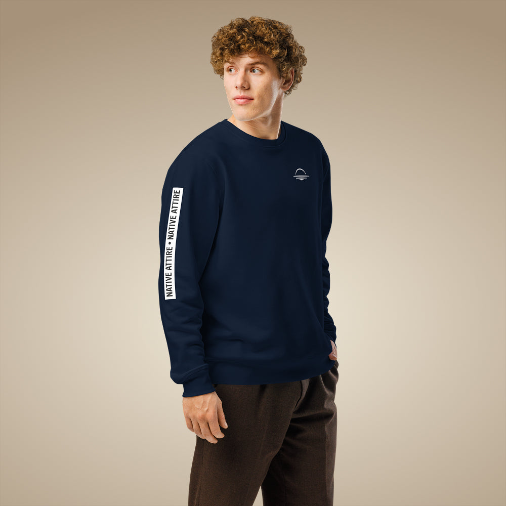 French navy men’s organic cotton sweatshirt showing sleeve arm print detail