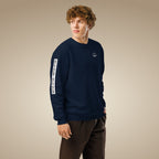French navy men’s organic cotton sweatshirt showing sleeve arm print detail