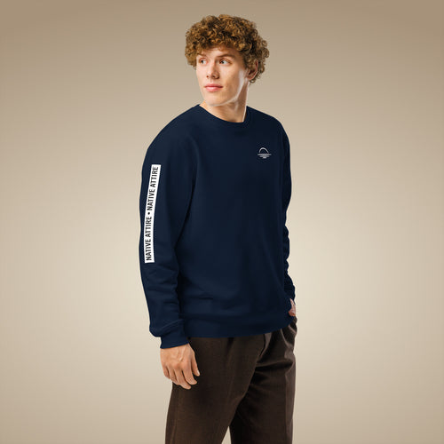 French navy men’s organic cotton sweatshirt showing sleeve arm print detail