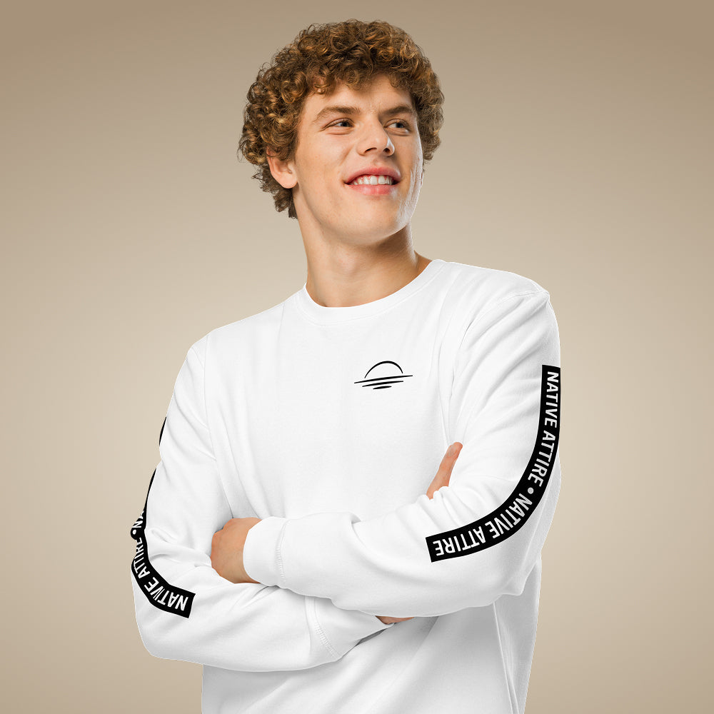 Men’s organic cotton sweatshirt jumper in white with arm print and chest logo
