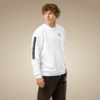 White men’s organic cotton sweatshirt showing printed sleeve detail