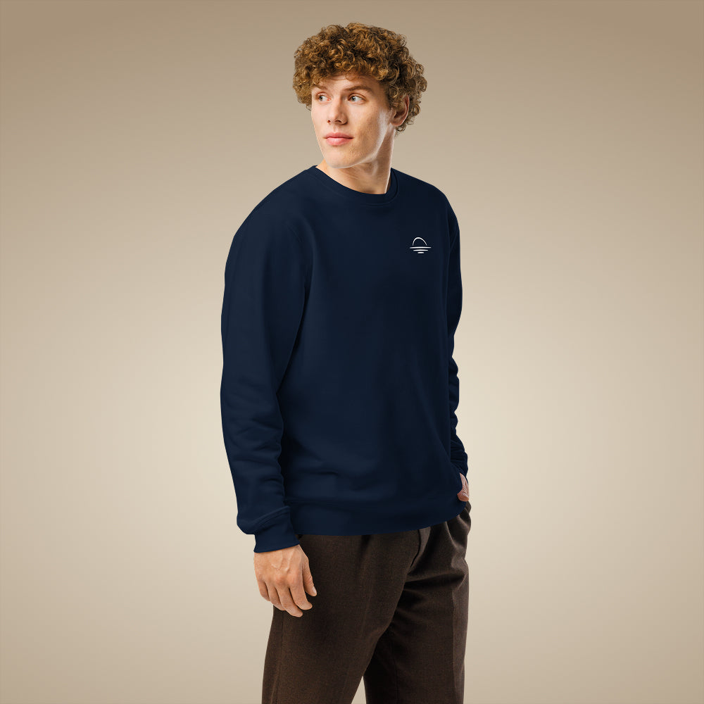 Men’s organic cotton sweatshirt jumper in french navy with minimal chest logo