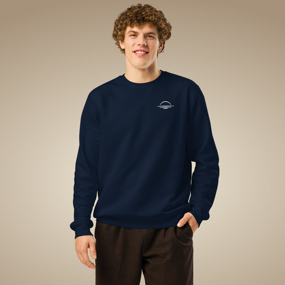 French navy men’s organic cotton sweatshirt showing relaxed everyday fit