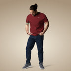Burgundy men’s organic cotton t-shirt showing relaxed everyday fit