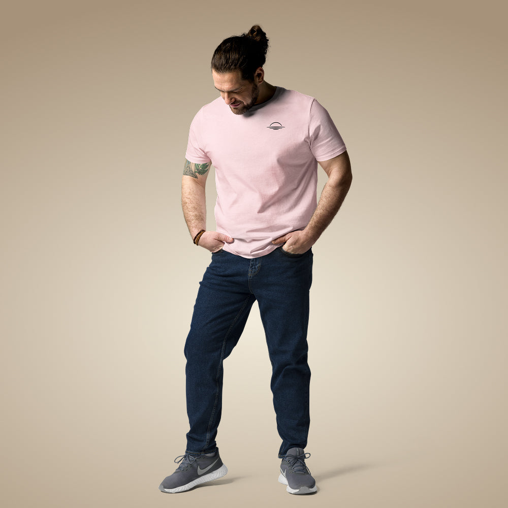 Cotton pink men’s organic cotton t-shirt showing relaxed everyday fit