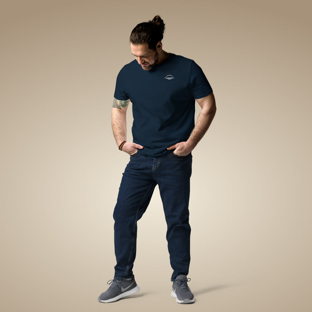 French navy men’s organic cotton t-shirt showing relaxed everyday fit