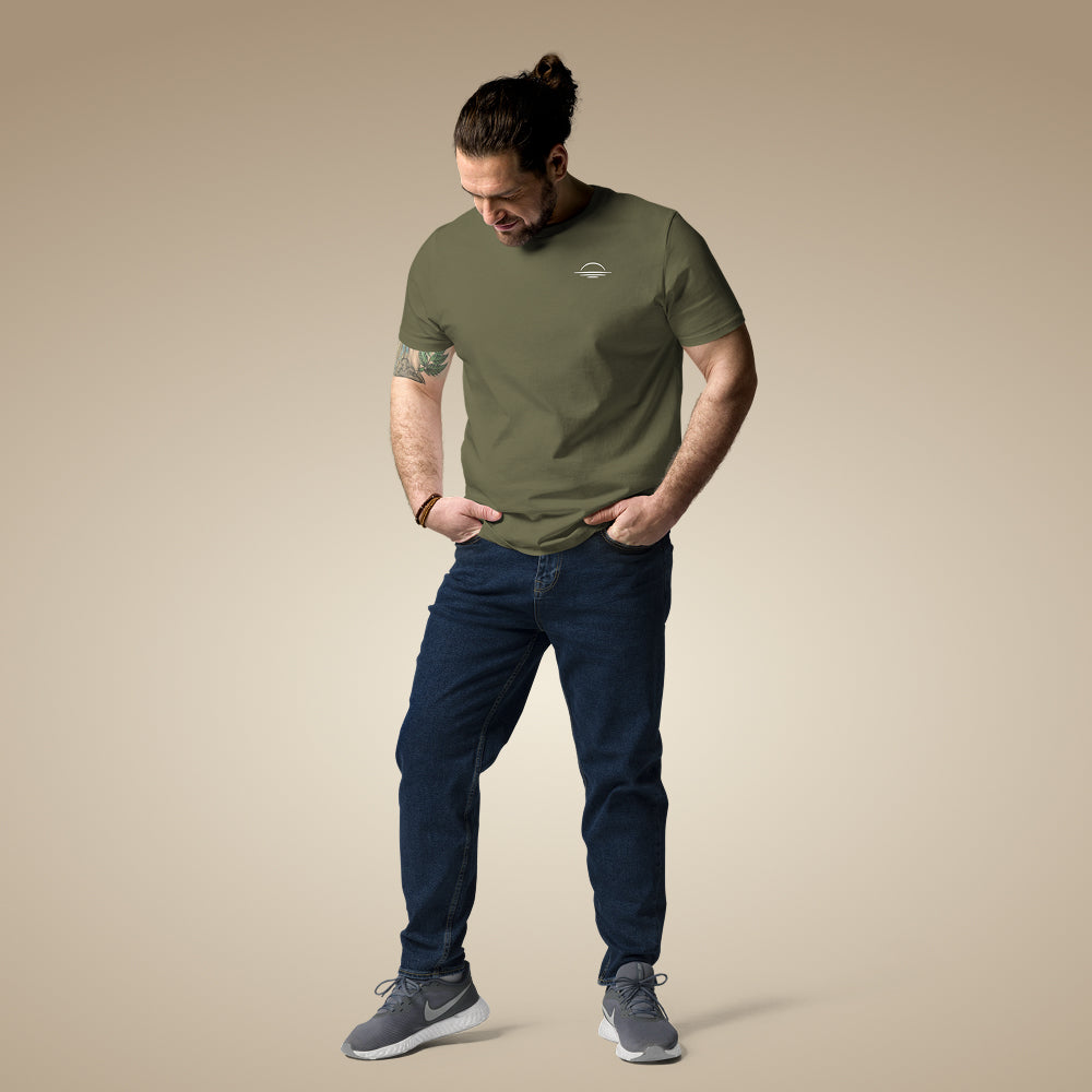 Khaki men’s organic cotton t-shirt showing relaxed everyday fit