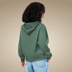 Green bay women’s organic cotton hoodie showing relaxed everyday fit on model