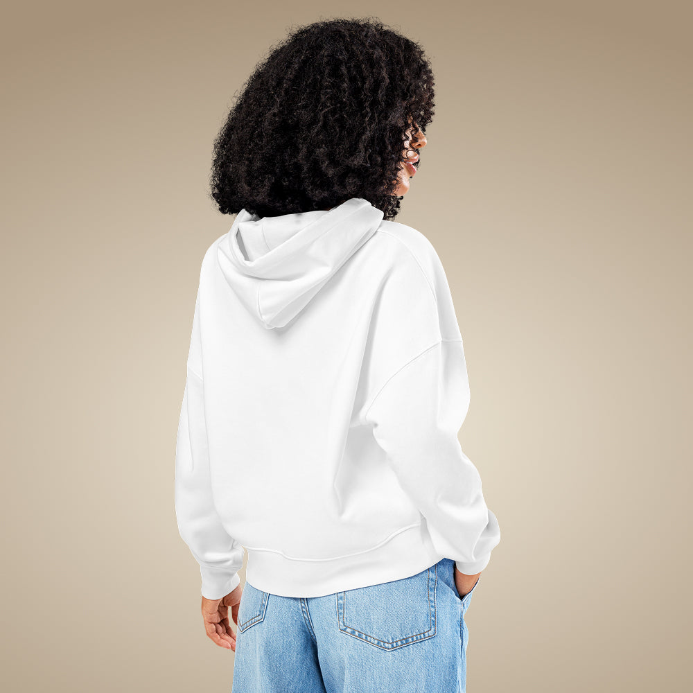 White women’s organic cotton hoodie showing clean, understated fit on model