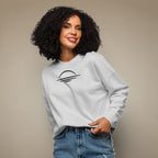 Heather grey women’s organic cotton sweatshirt showing relaxed everyday fit on model