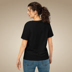 Black women’s organic cotton t-shirt showing relaxed everyday fit on model