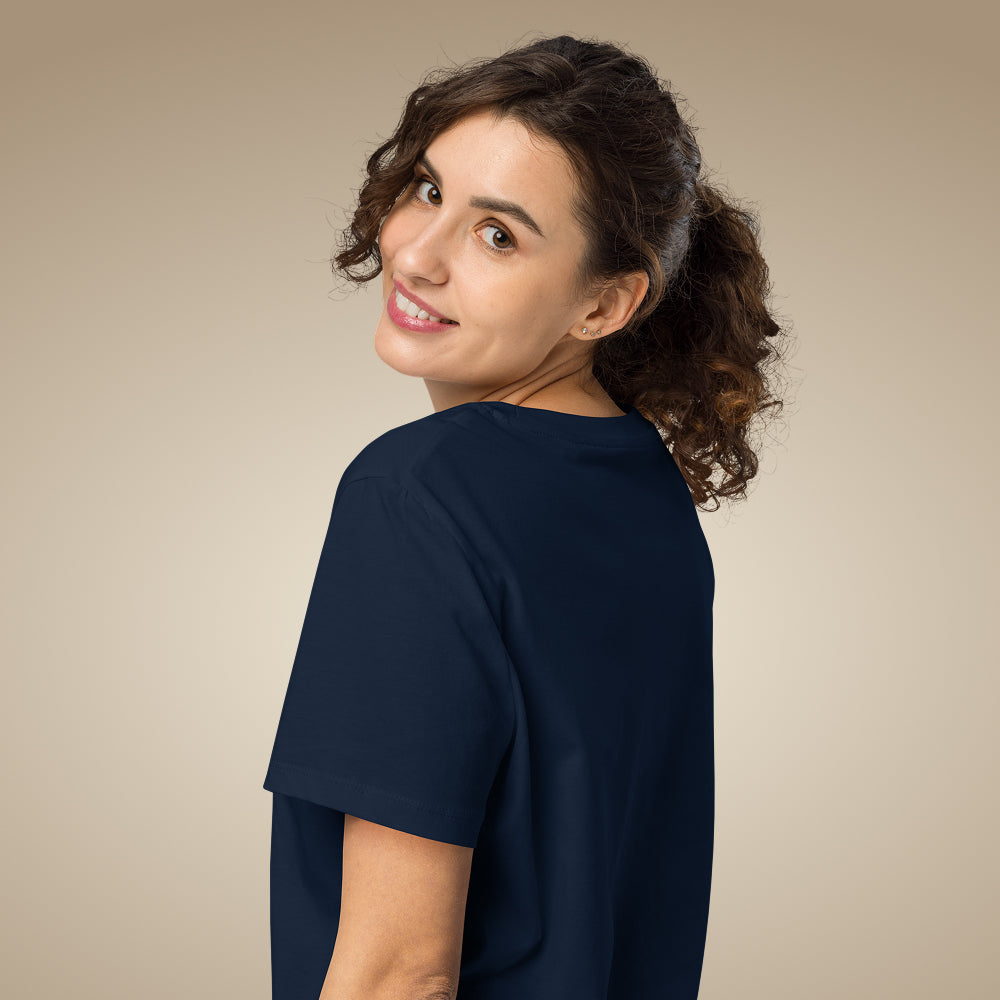 French navy women’s organic cotton t-shirt showing relaxed everyday fit on model