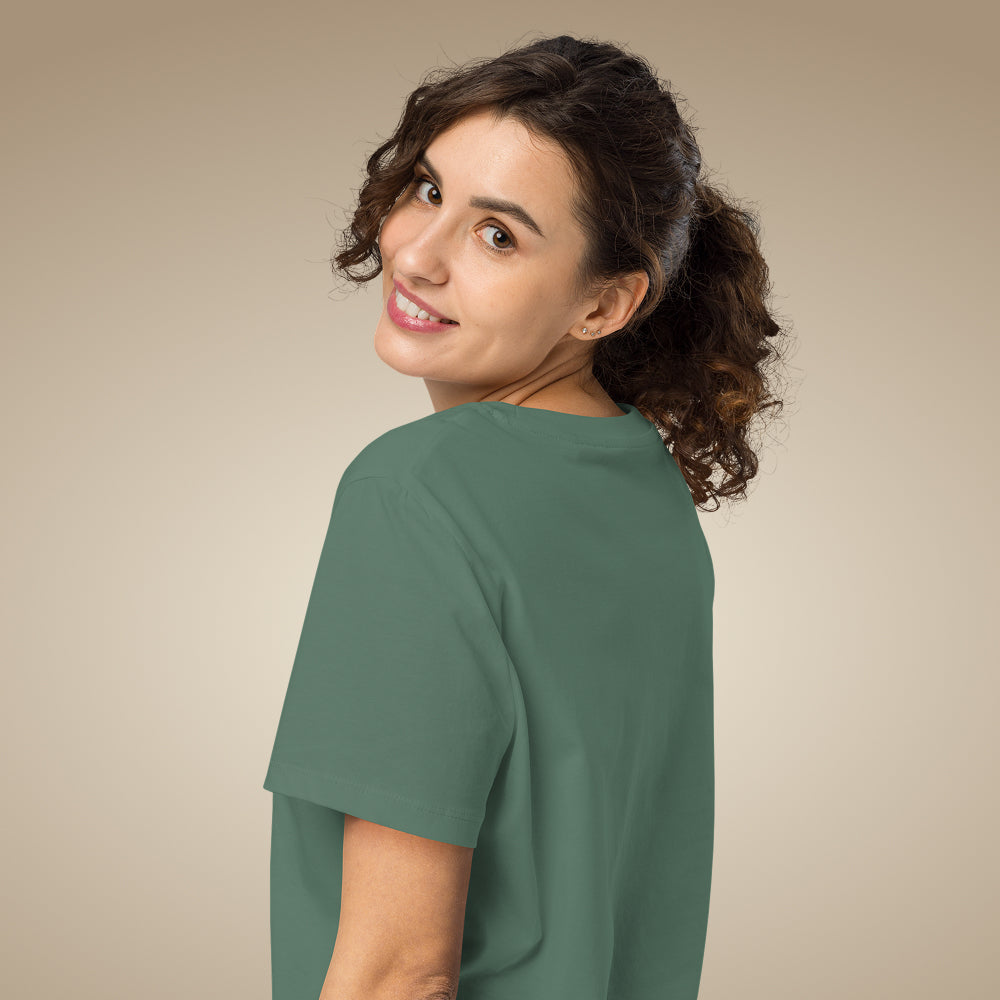 Green bay women’s organic cotton t-shirt showing relaxed fit on model
