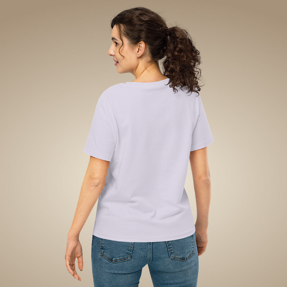 Women’s organic cotton t-shirt in lavender with minimal chest logo, worn by model