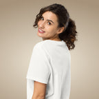 Off white women’s organic cotton t-shirt showing relaxed everyday fit on model