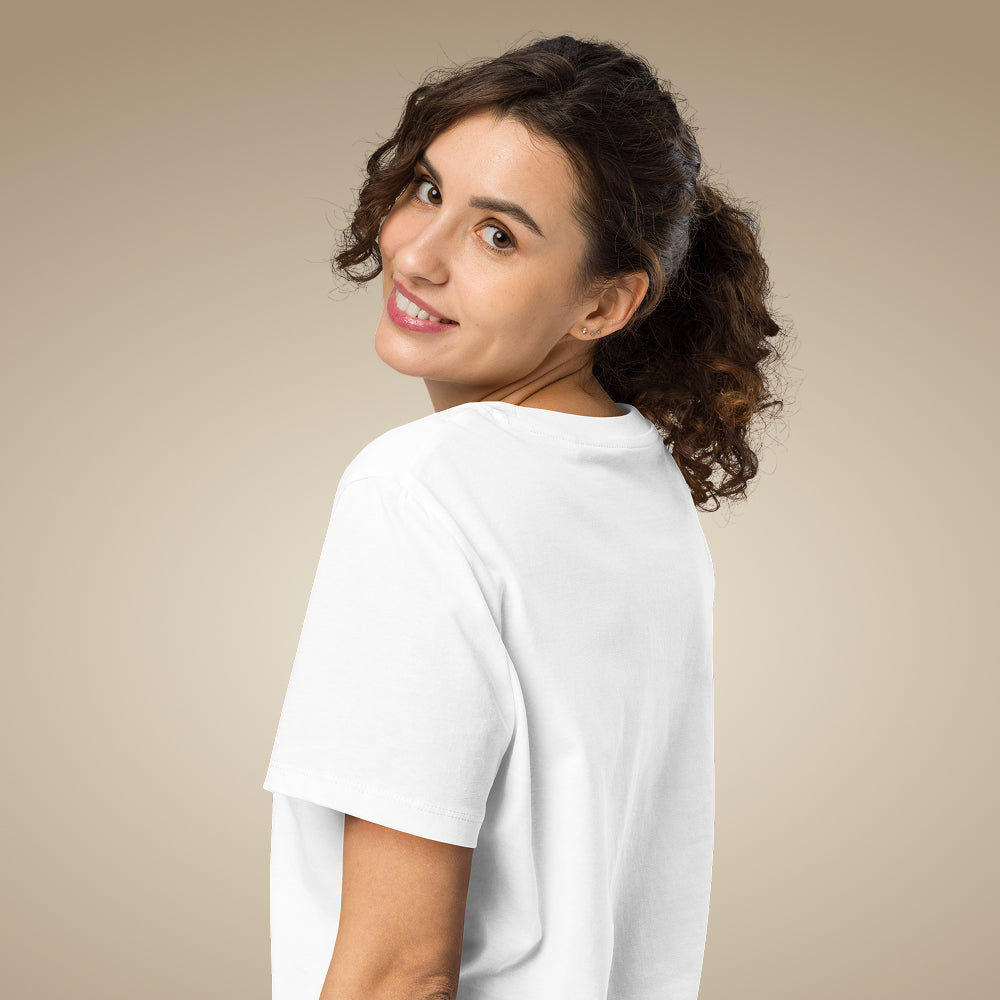 White women’s organic cotton t-shirt showing relaxed everyday fit on model
